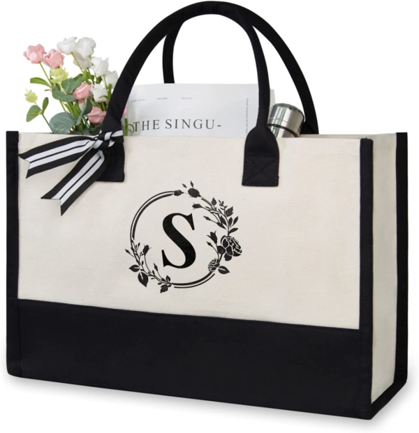 Initial Canvas Tote Bag, Personalized Present Bag, Suitable for Wedding, Birthday, Beach, Holiday